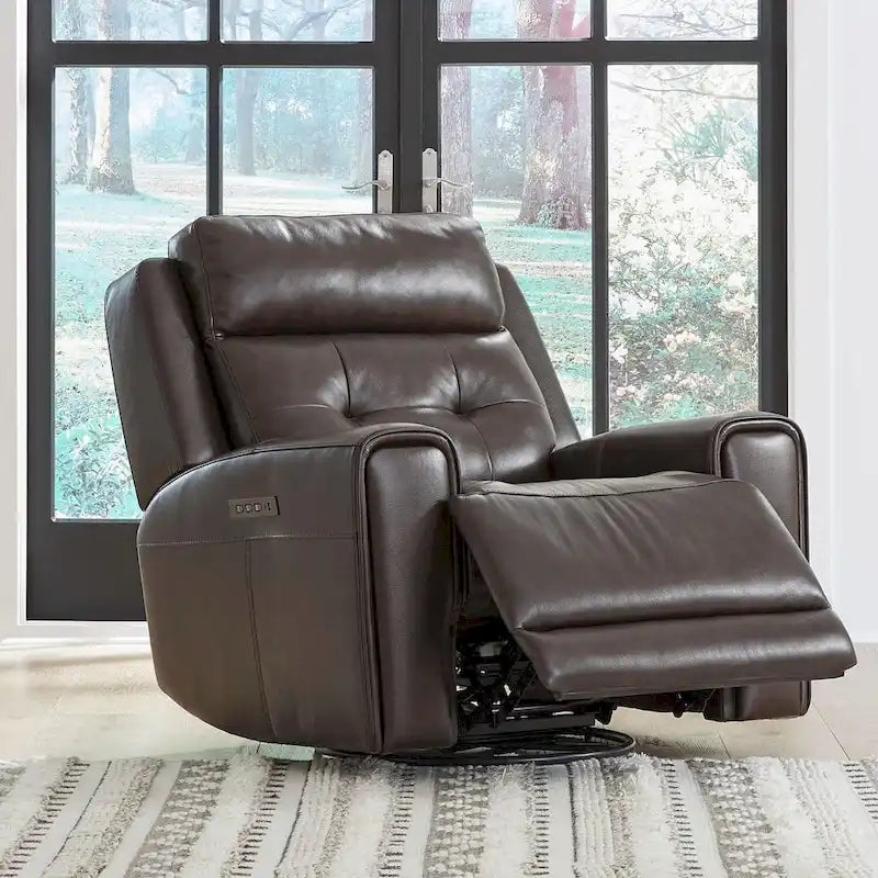Carrington Top Grain Leather Power Recliner with Swivel Glide and Lumbar Support