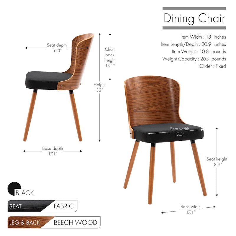 Armless Dining Chairs Set of 2 with Beech Wood Back & Legs