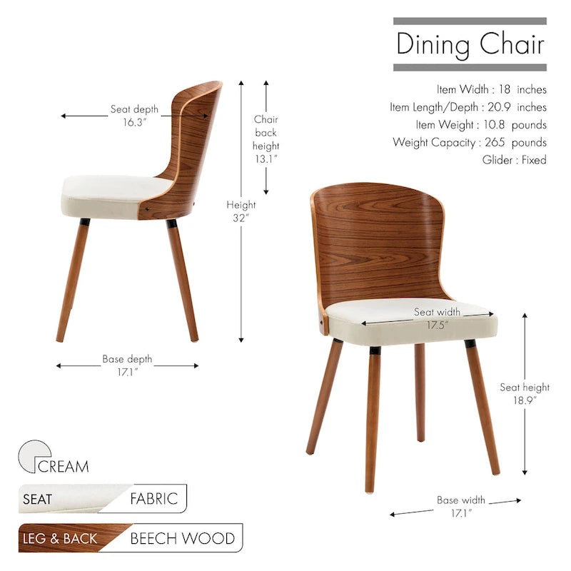 Armless Dining Chairs Set of 2 with Beech Wood Back & Legs