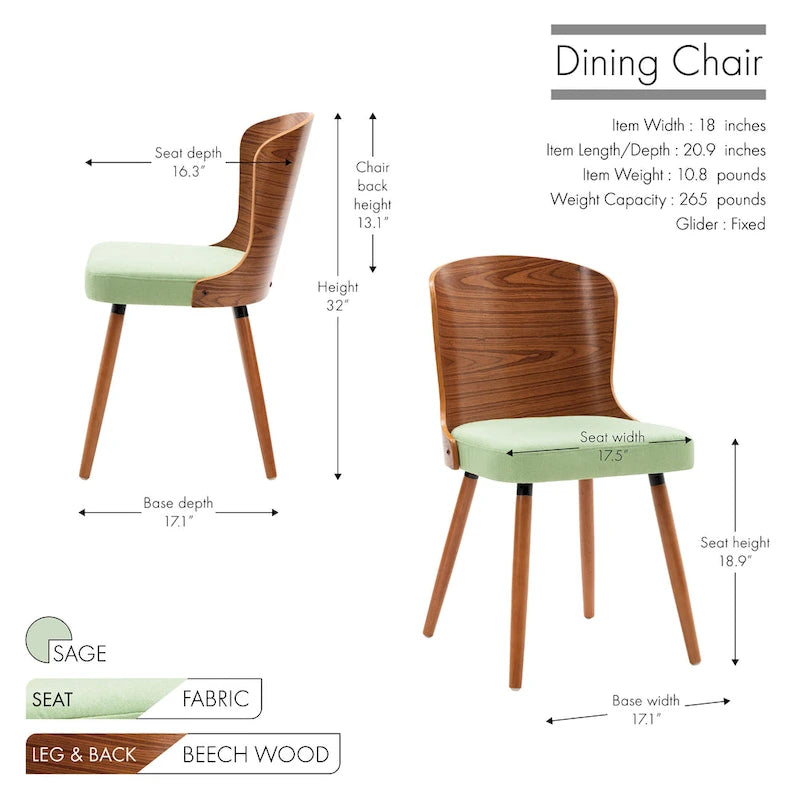 Armless Dining Chairs Set of 2 with Beech Wood Back & Legs