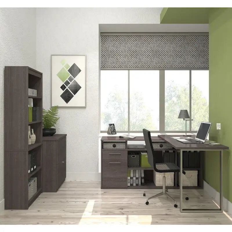 L-Shaped Home Office Desk Set with Lateral File Cabinet and Bookcase
