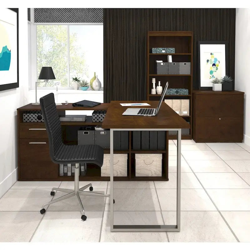 L-Shaped Home Office Desk Set with Lateral File Cabinet and Bookcase