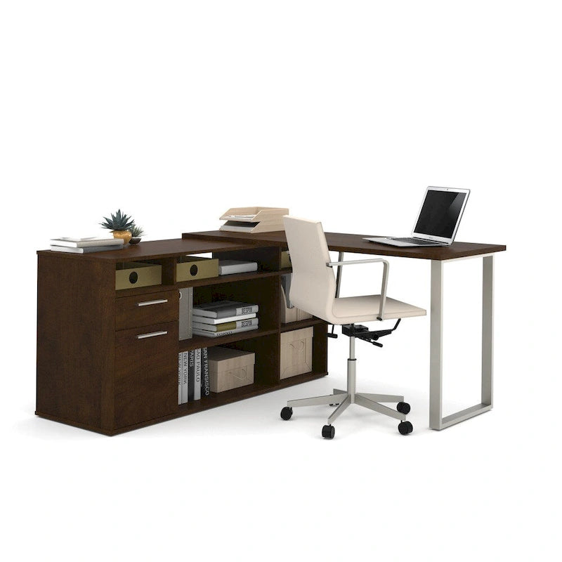 L-Shaped Home Office Desk Set with Lateral File Cabinet and Bookcase