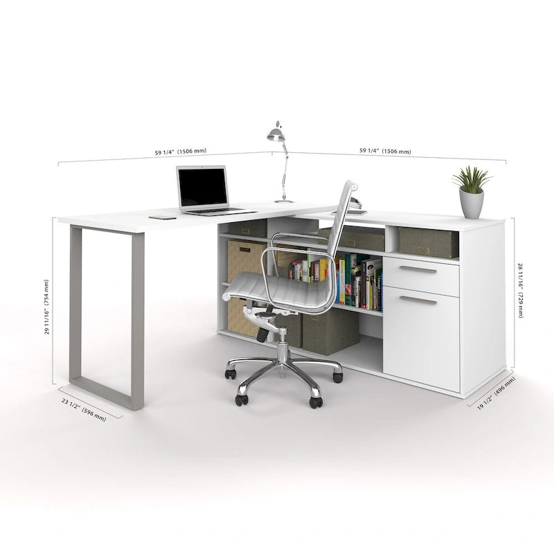 L-Shaped Home Office Desk Set with Lateral File Cabinet and Bookcase