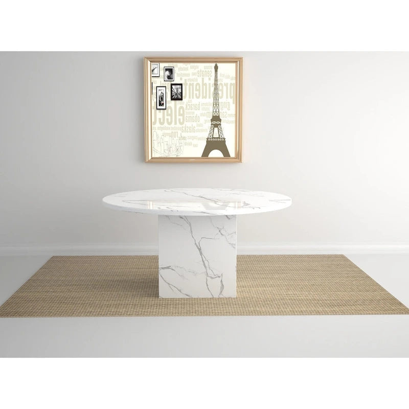60-Inch Round Marble Dining Table with Cubical Marble Base