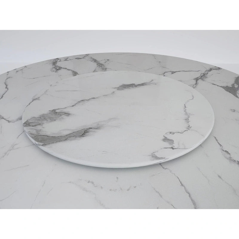 60-Inch Round Marble Dining Table with Cubical Marble Base