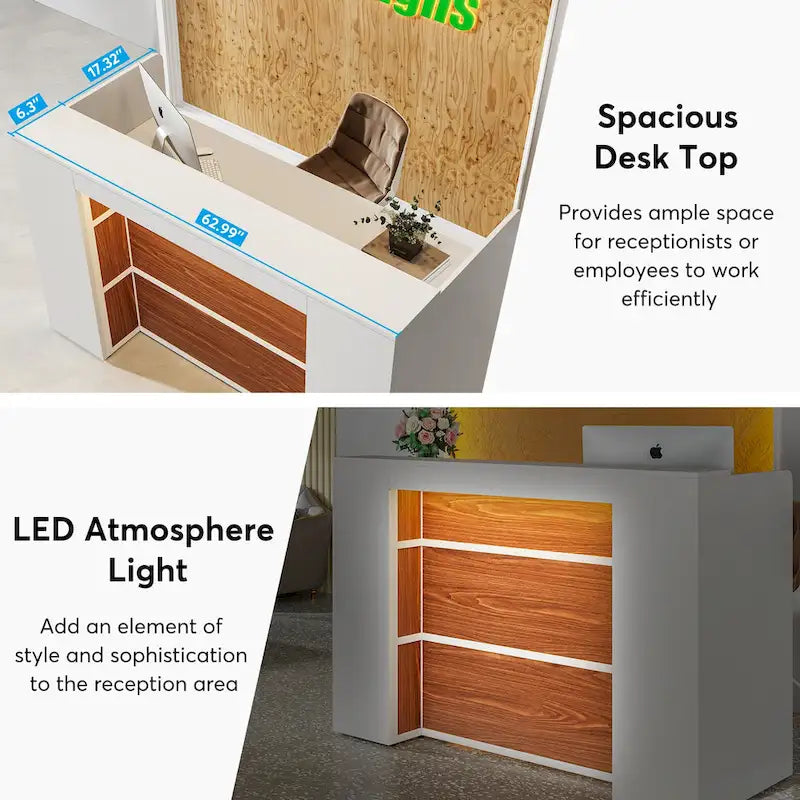 Large LED Reception Desk for Salon, Office, Lobby and Retail - Counter Storage