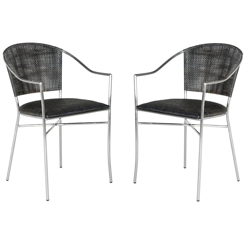 Black Rattan Arm Chair with Stainless Steel Frame - Set of 2