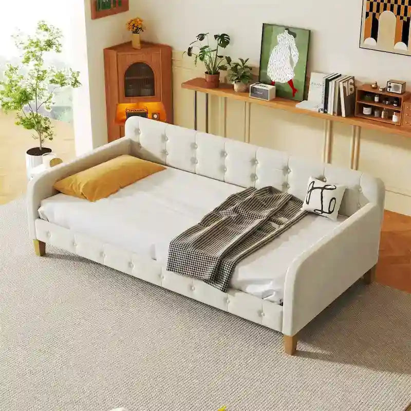 Twin Size Velvet Upholstered Daybed with Headboard and Slat Kit - 300 lb Capacity