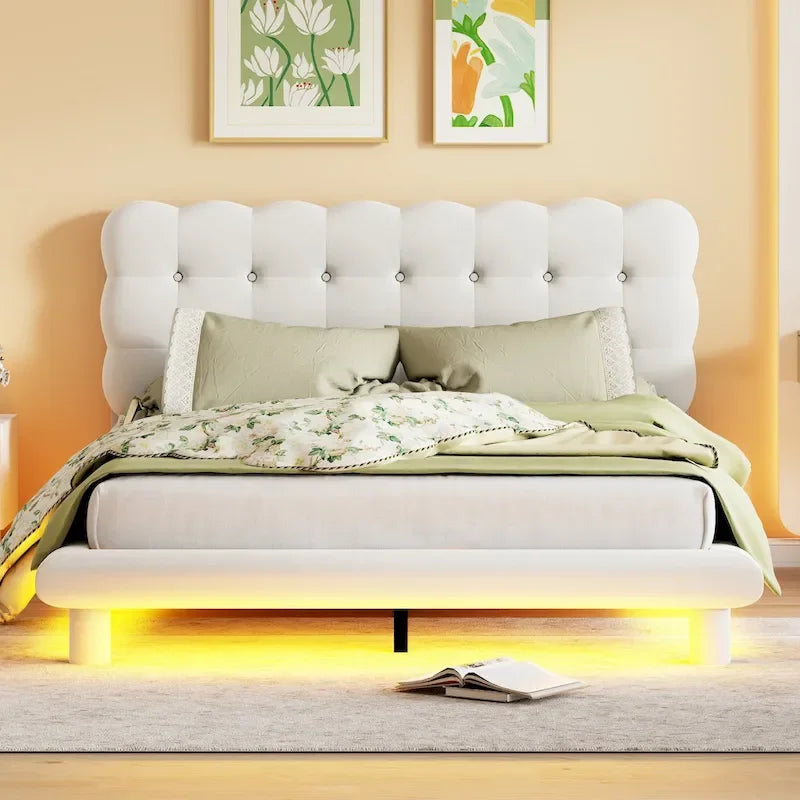 Queen Velvet Platform Bed with RGB LED Frame and Button-Tufted Headboard