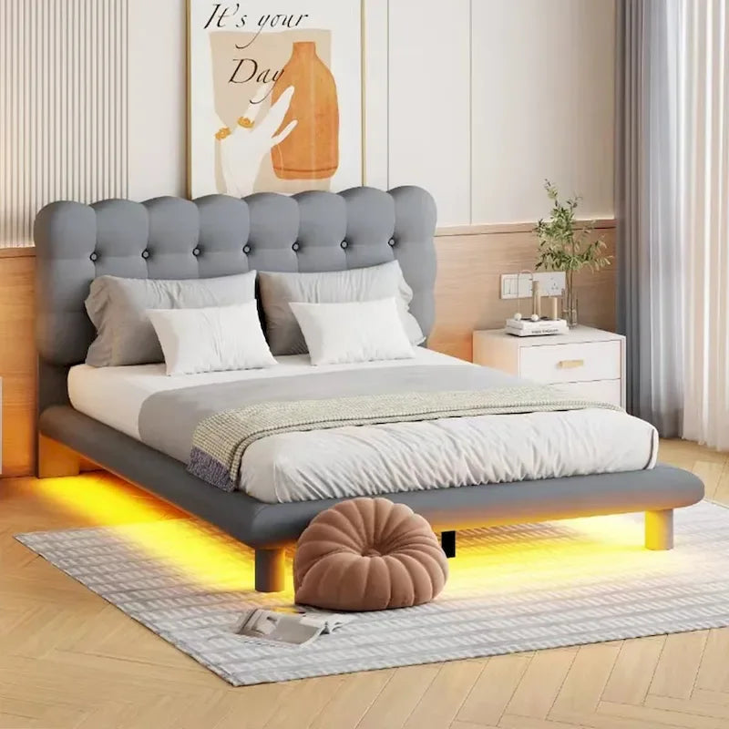 Queen Velvet Platform Bed with RGB LED Frame and Button-Tufted Headboard