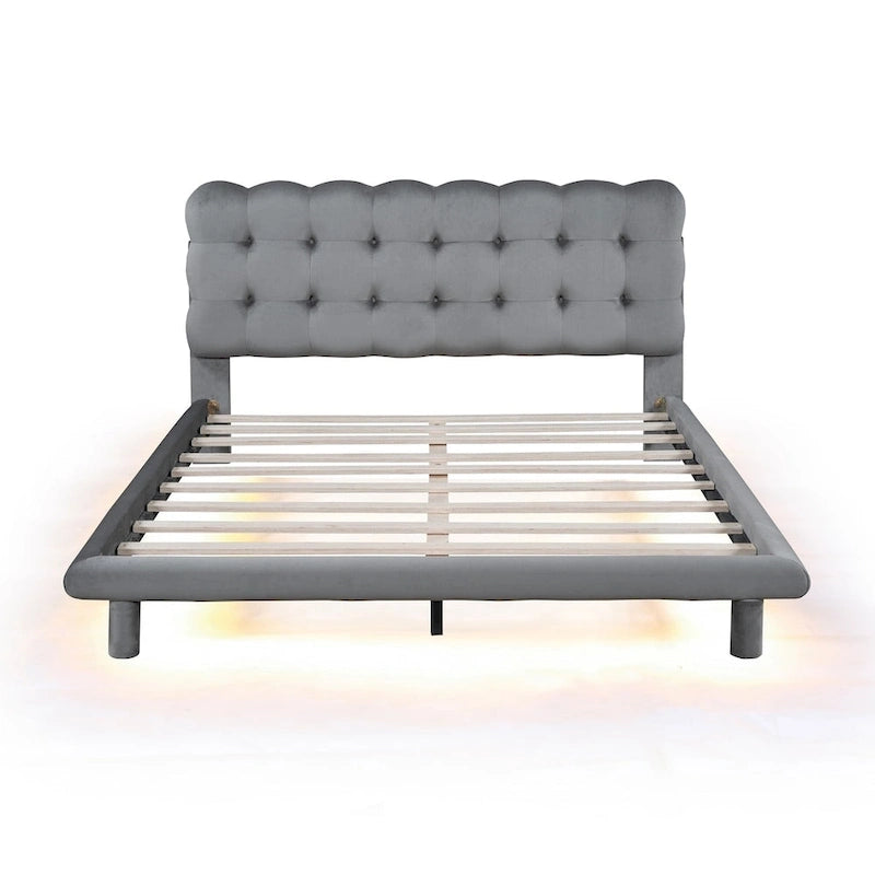 Queen Velvet Platform Bed with RGB LED Frame and Button-Tufted Headboard