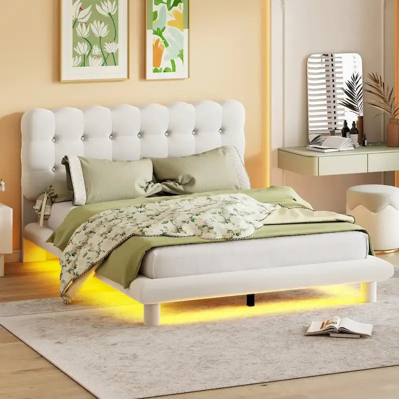 Queen Velvet Platform Bed with RGB LED Frame and Button-Tufted Headboard