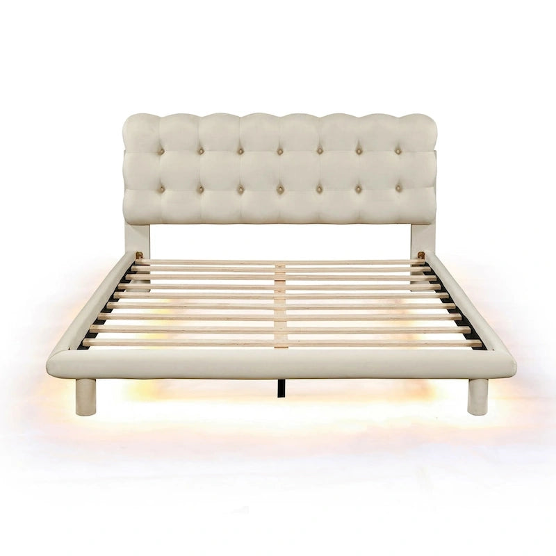 Queen Velvet Platform Bed with RGB LED Frame and Button-Tufted Headboard