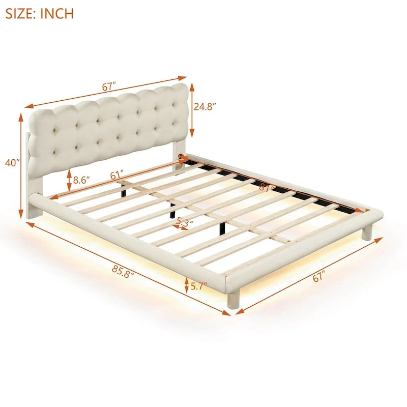 Queen Velvet Platform Bed with RGB LED Frame and Button-Tufted Headboard