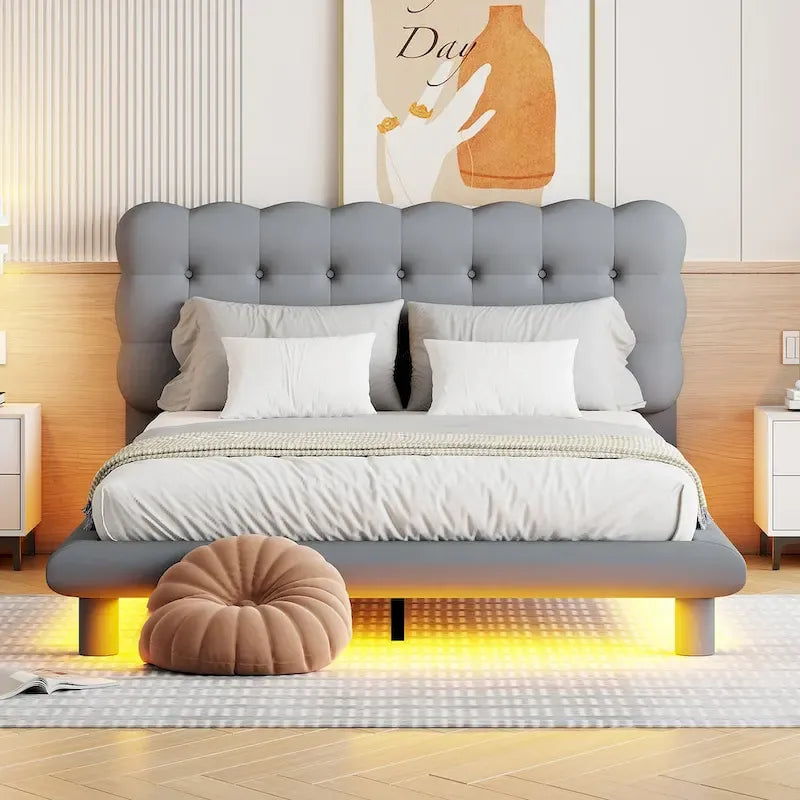 Queen Velvet Platform Bed with RGB LED Frame and Button-Tufted Headboard