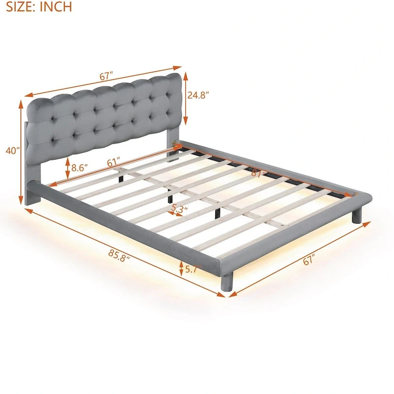Queen Velvet Platform Bed with RGB LED Frame and Button-Tufted Headboard