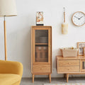 Solid Oak Wood Storage Cabinet with Glass Door, Shelves and Drawer