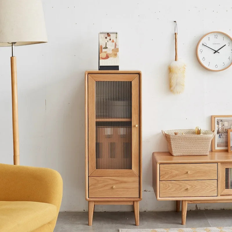 Solid Oak Wood Storage Cabinet with Glass Door, Shelves and Drawer