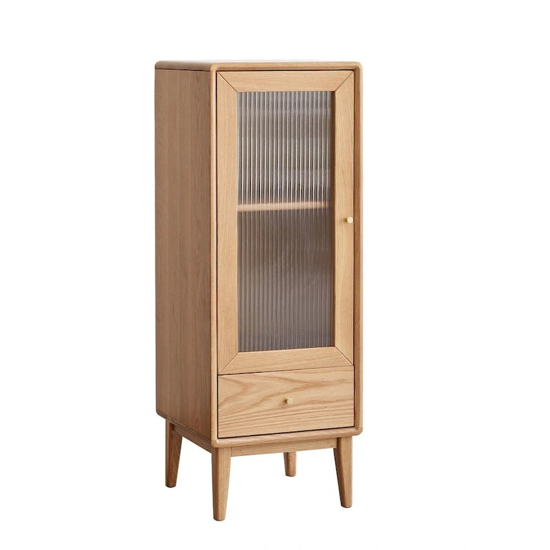 Solid Oak Wood Storage Cabinet with Glass Door, Shelves and Drawer