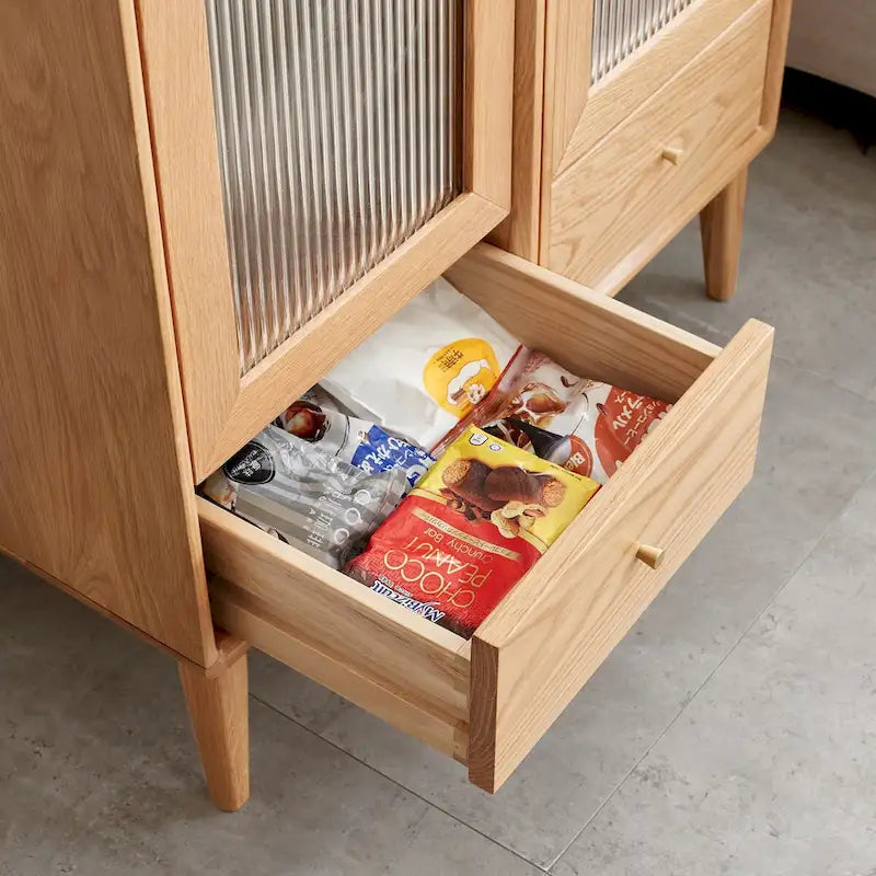 Solid Oak Wood Storage Cabinet with Glass Door, Shelves and Drawer