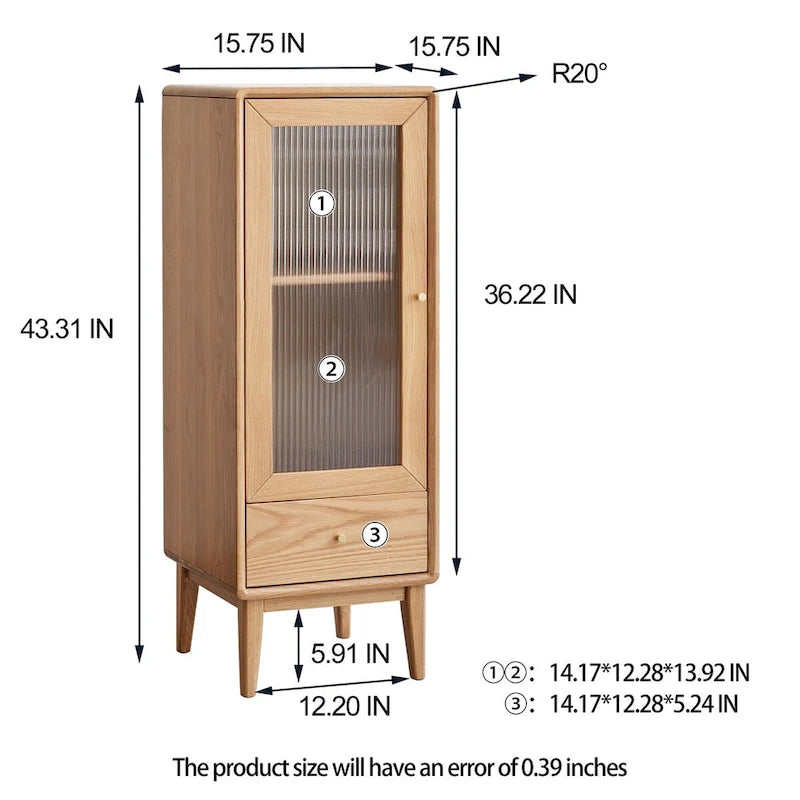 Solid Oak Wood Storage Cabinet with Glass Door, Shelves and Drawer