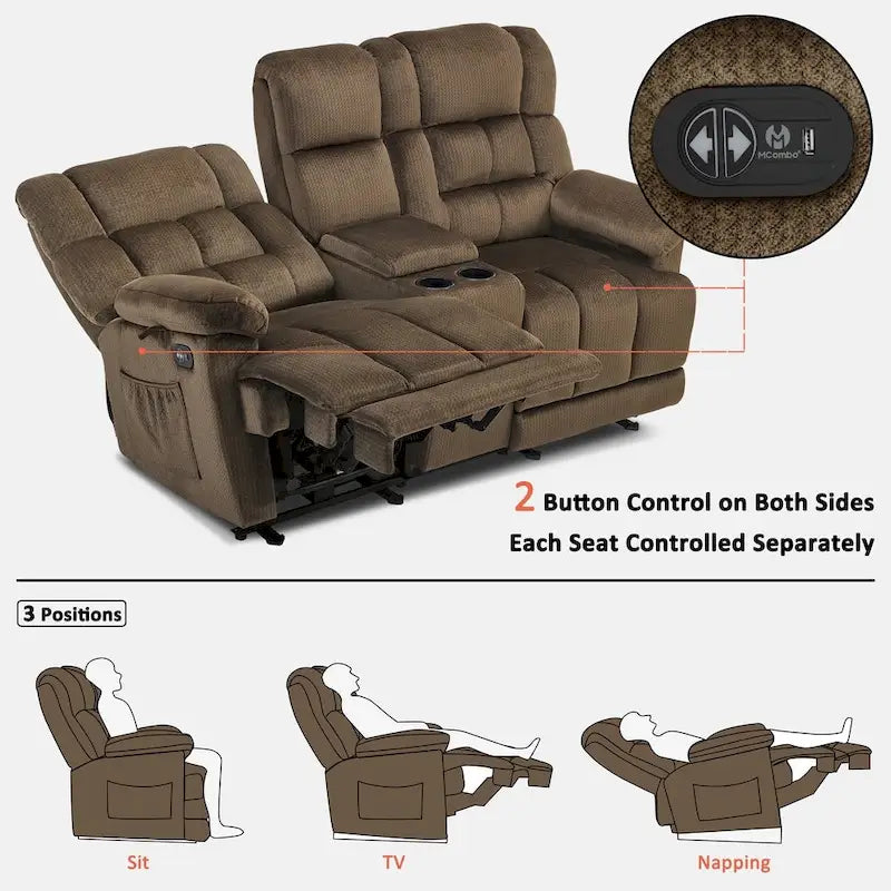 MCombo Power Loveseat Recliner with Console, Heat, Vibration and USB Ports