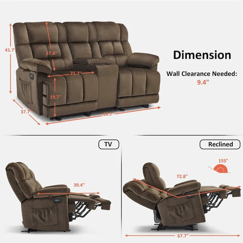 MCombo Power Loveseat Recliner with Console, Heat, Vibration and USB Ports