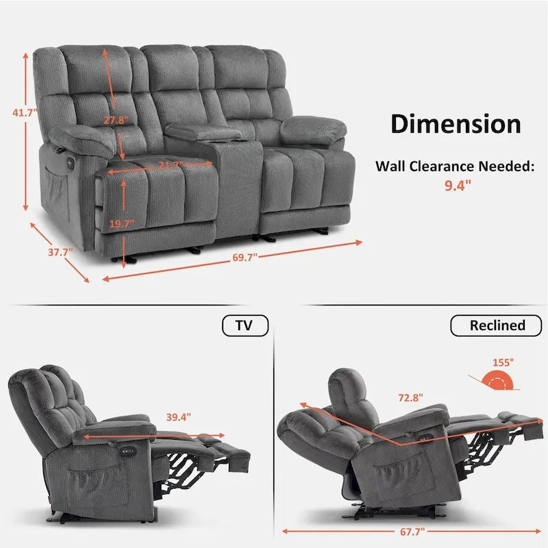 MCombo Power Loveseat Recliner with Console, Heat, Vibration and USB Ports