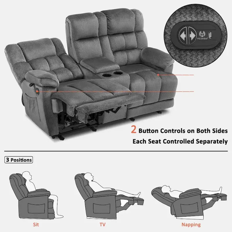MCombo Power Loveseat Recliner with Console, Heat, Vibration and USB Ports