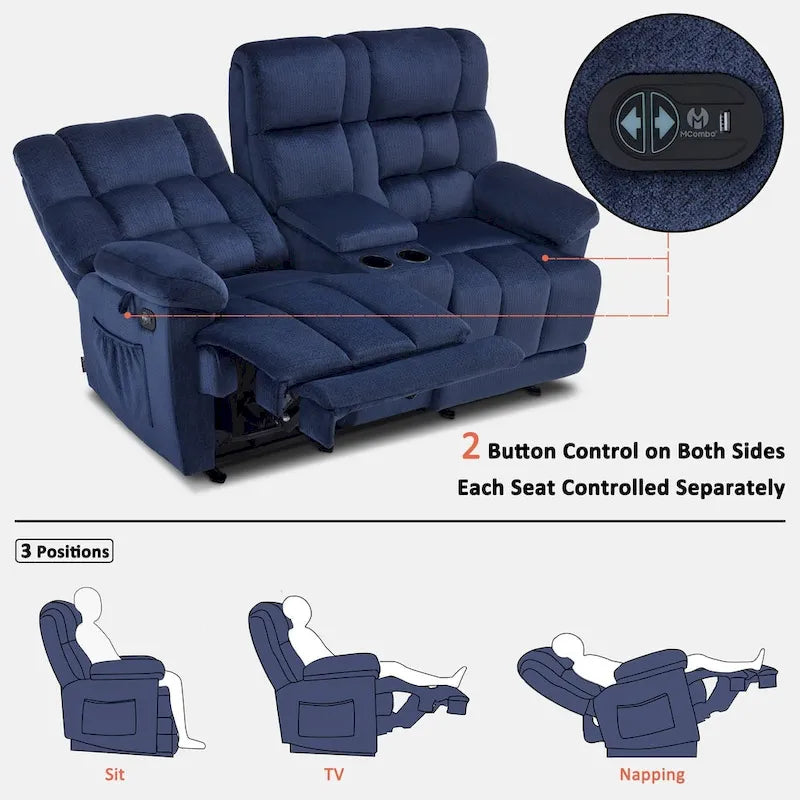 MCombo Power Loveseat Recliner with Console, Heat, Vibration and USB Ports