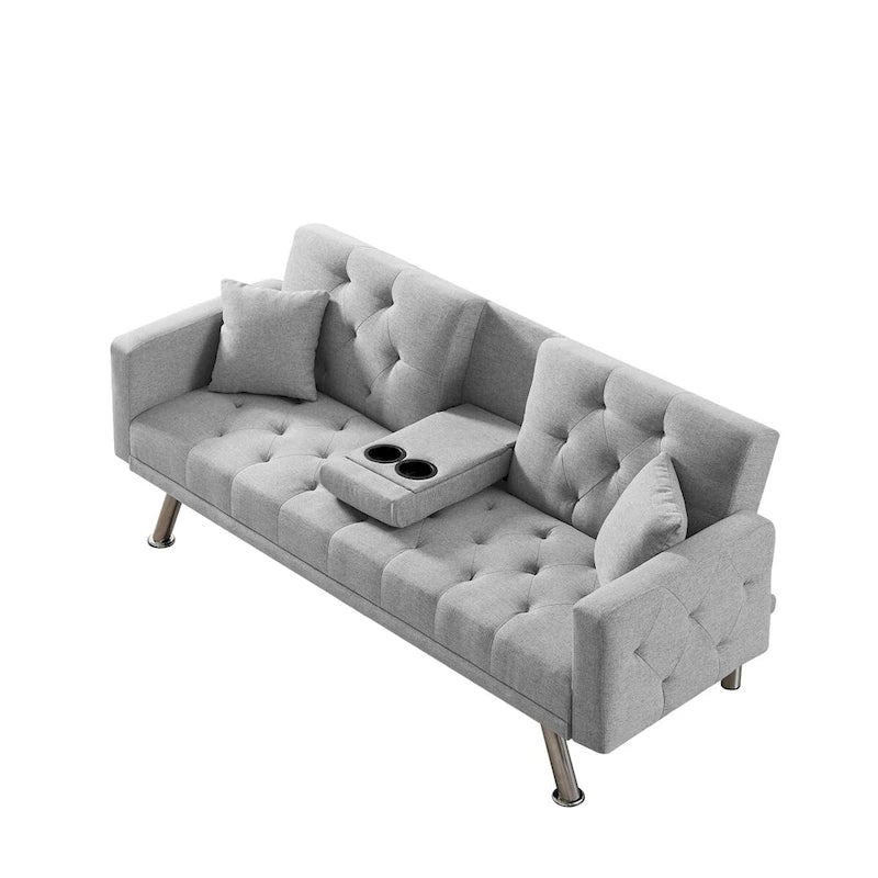 Linen Convertible Sofa Bed with 3 Adjustable Positions and Cup Holder