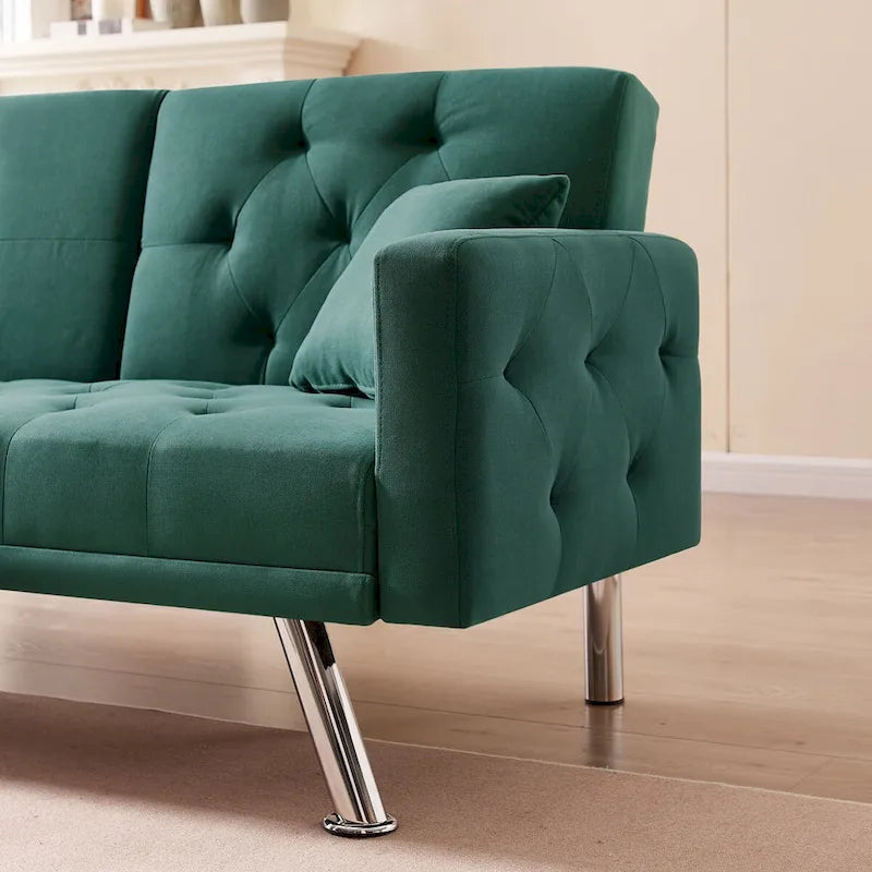 Linen Convertible Sofa Bed with 3 Adjustable Positions and Cup Holder