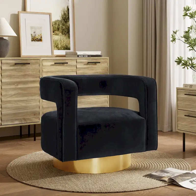 Upholstered Black Velvet Open Back Club Chair with Gold Base - 26.8 H x 29.5 W x 26 D