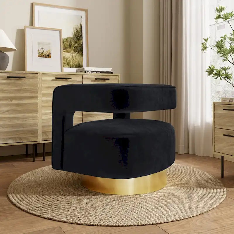 Black Velvet Open-Back Accent Chair with 360° Swivel and Gold Base