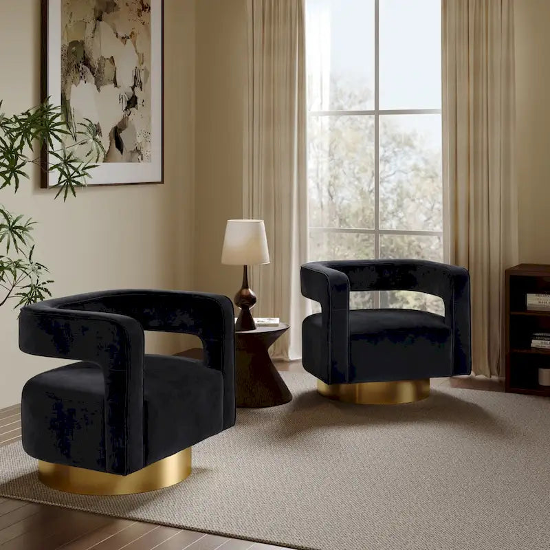Black Velvet Open-Back Accent Chair with 360° Swivel and Gold Base