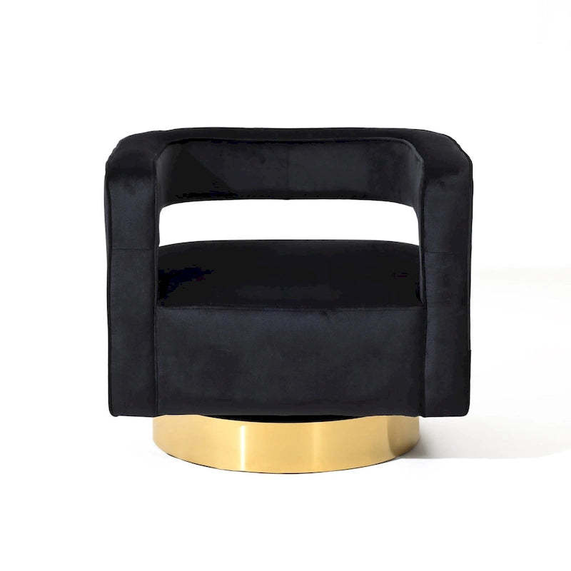 Black Velvet Open-Back Accent Chair with 360° Swivel and Gold Base