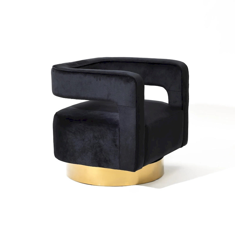 Black Velvet Open-Back Accent Chair with 360° Swivel and Gold Base