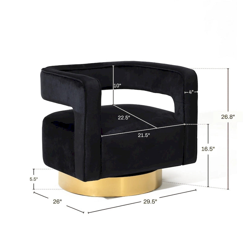 Black Velvet Open-Back Accent Chair with 360° Swivel and Gold Base