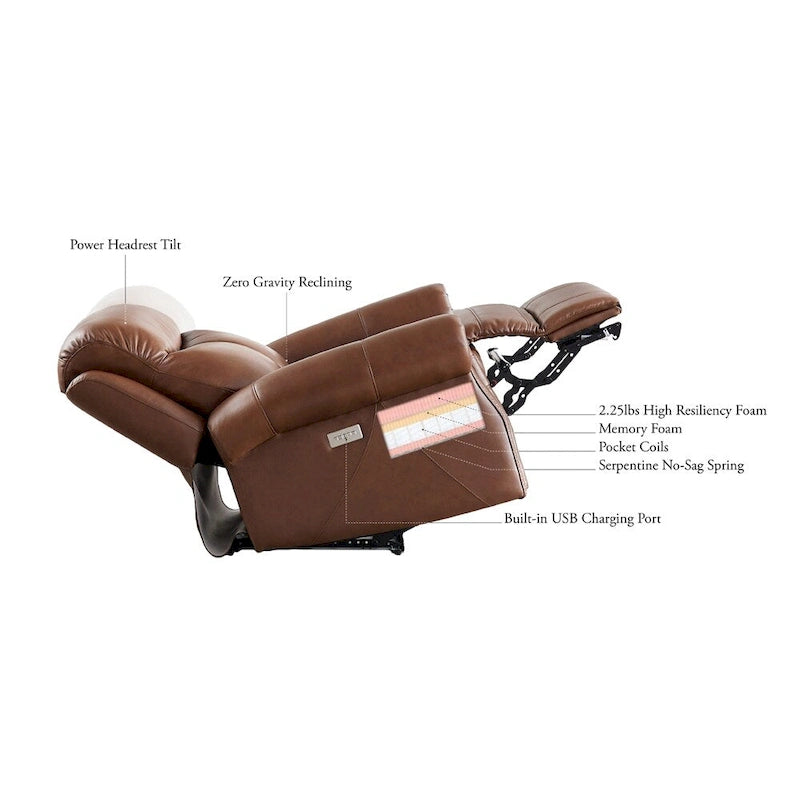 Zero Gravity Power Recliner with Top Grain Leather & Adjustable Headrest