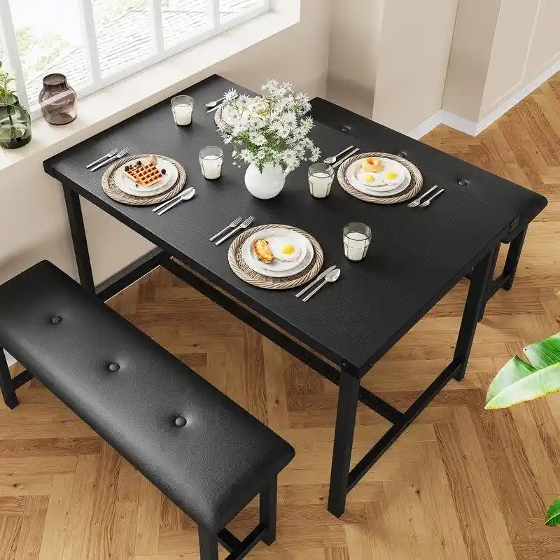 Industrial Dining Table Set with 2 Upholstered Benches