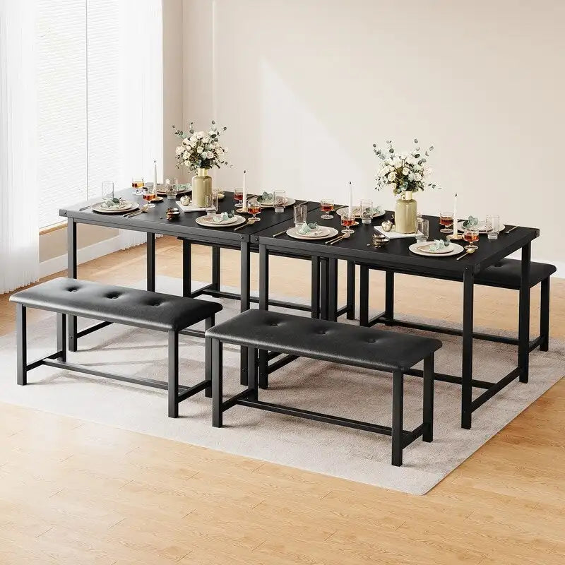 Industrial Dining Table Set with 2 Upholstered Benches