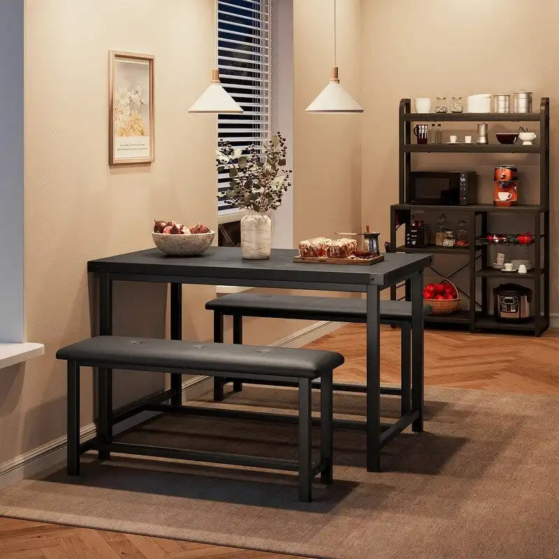 Industrial Dining Table Set with 2 Upholstered Benches