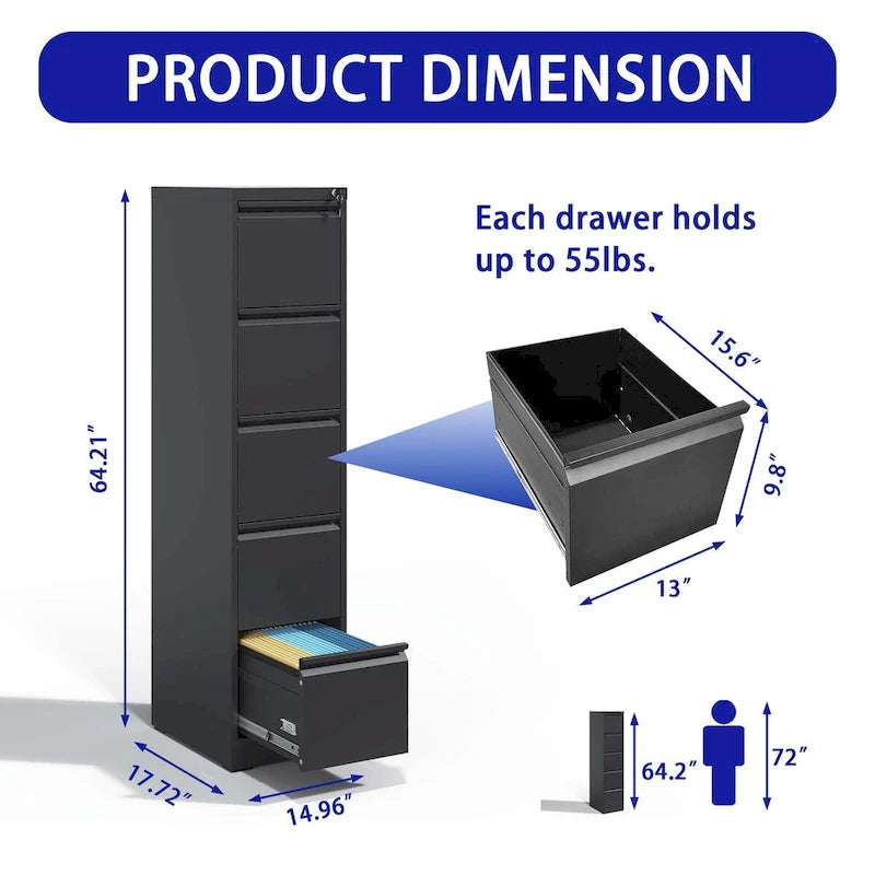 5-Drawer Steel Vertical File Cabinet with Lock and Anti-Tilt Design