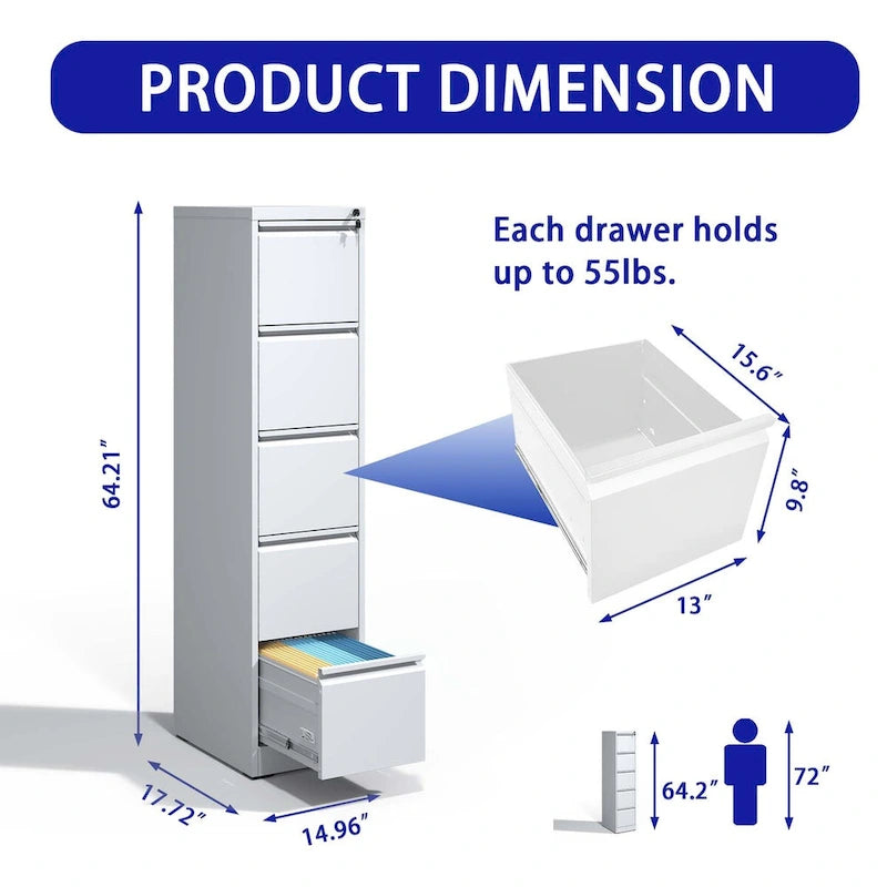 5-Drawer Steel Vertical File Cabinet with Lock and Anti-Tilt Design