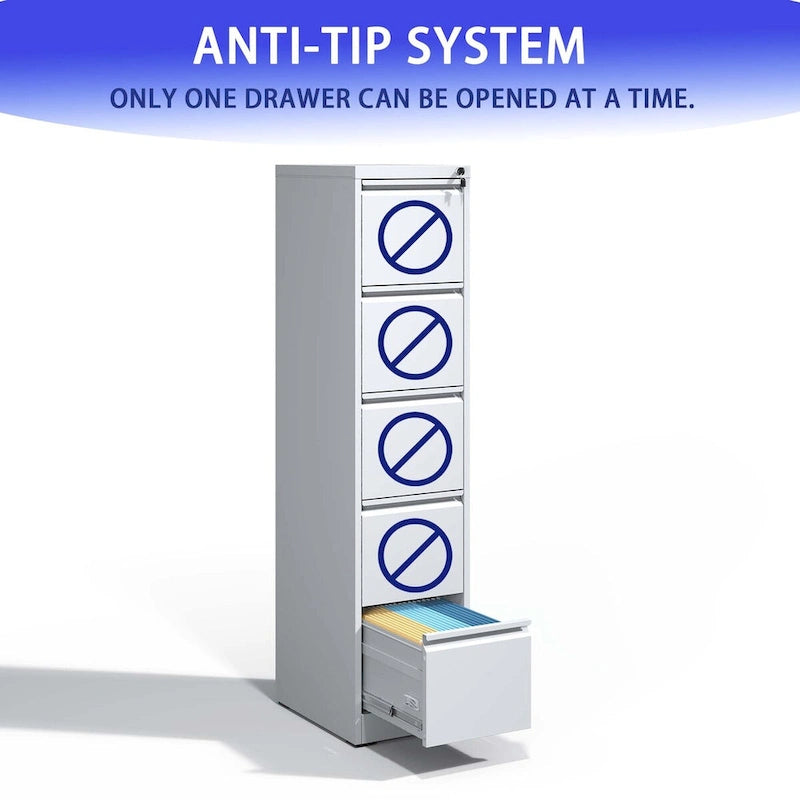 5-Drawer Steel Vertical File Cabinet with Lock and Anti-Tilt Design