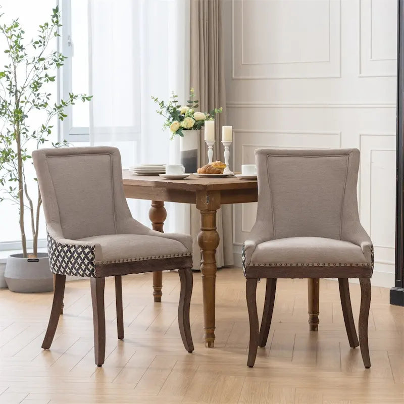 Mid-Century Fabric Dining Chairs with Solid Wood Legs and Rivet Detail - Set of 2