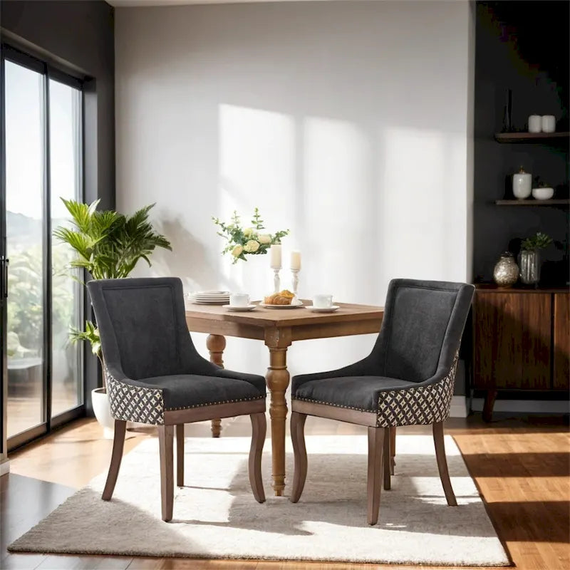 Mid-Century Fabric Dining Chairs with Solid Wood Legs and Rivet Detail - Set of 2