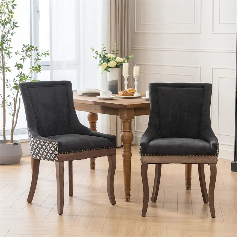 Mid-Century Fabric Dining Chairs with Solid Wood Legs and Rivet Detail - Set of 2