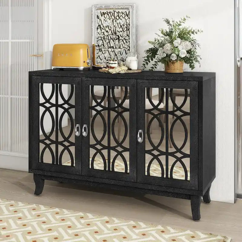 Retro Mirrored Sideboard Buffet Cabinet with 3 Glass Doors - 47.2W